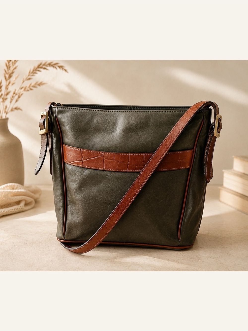 Valerie Stevens Olive Green Crossbody with Brown Leather Trim
